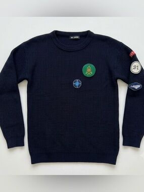 Raf Simons Navy Ribbed Crewneck Sweater with Badge Details